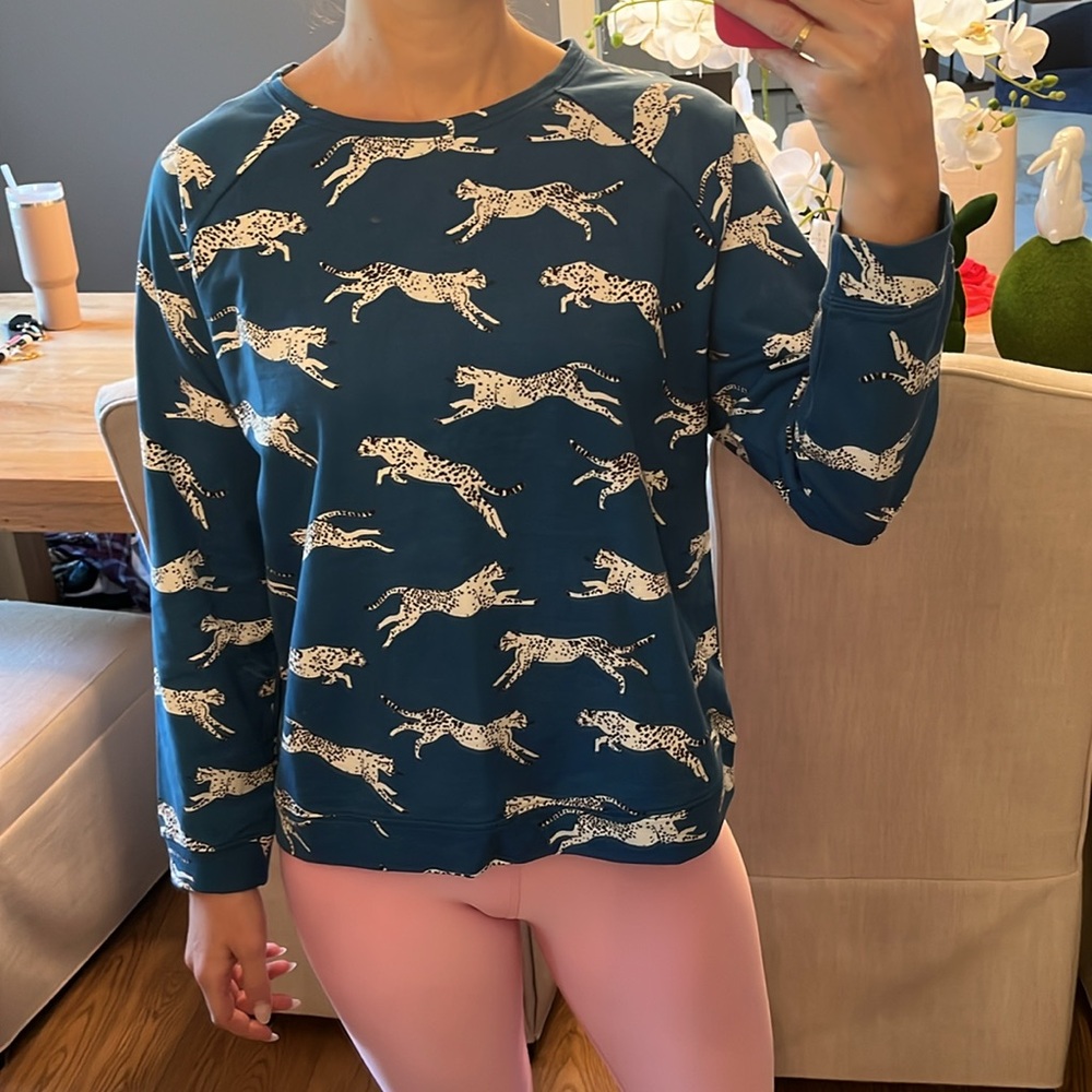 ANORAK Blue Long Sleeve Tee with White Cheetah Print